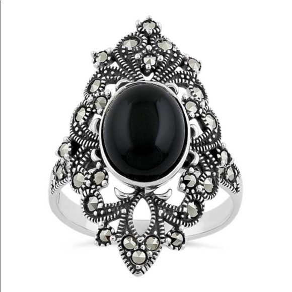 925 STERLING SILVER Black Onyx Marcasite Ring - Picture 15 of 15